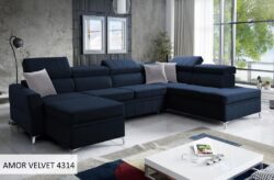 Narożnik U rozkładany Bartez VI w tkaninie Amor Velvet-4333 w nowoczesnym salonie