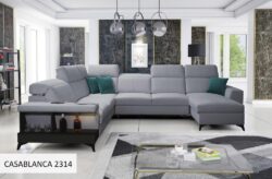 Narożnik U nierozkładany Belutti VIII w tkaninie Casablanca-2301 z regulowanymi zagłówkami i podświetlaną półką