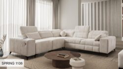 Narożnik rozkładany Dafne III w tkaninie Spring-1106 z regulowanymi zagłówkami i pojemnikiem na pościel