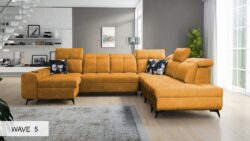 Narożnik U rozkładany Golden X w tkaninie Wave-02 z regulowanymi zagłówkami i metalowymi nóżkami