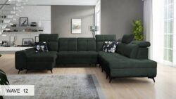 Narożnik U rozkładany Golden X w tkaninie Wave-02 z regulowanymi zagłówkami i metalowymi nóżkami