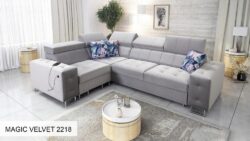 Narożnik rozkładany Hilton II w tkaninie Magic Velvet-2218 z regulowanymi zagłówkami i pojemnikiem na pościel