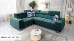 Narożnik rozkładany Hilton II w tkaninie Magic Velvet z regulowanymi zagłówkami i pojemnikiem na pościel