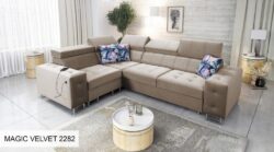 Narożnik rozkładany Hilton II w tkaninie Magic Velvet-2218 z regulowanymi zagłówkami i pojemnikiem na pościel