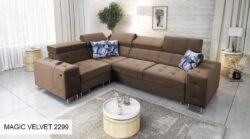 Narożnik rozkładany Hilton II w tkaninie Magic Velvet-2218 z regulowanymi zagłówkami i pojemnikiem na pościel