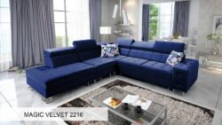 Narożnik rozkładany Hilton IX w tkaninie Magic Velvet-2218 z regulowanymi zagłówkami i pojemnikiem na pościel