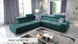 Narożnik rozkładany Hilton IX w tkaninie Magic Velvet-2218 z regulowanymi zagłówkami i pojemnikiem na pościel