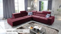 Narożnik rozkładany Hilton IX w tkaninie Magic Velvet-2218 z regulowanymi zagłówkami i pojemnikiem na pościel