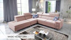 Narożnik rozkładany Hilton IX w tkaninie Magic Velvet-2218 z regulowanymi zagłówkami i pojemnikiem na pościel