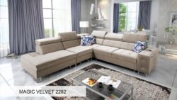 Narożnik rozkładany Hilton IX w tkaninie Magic Velvet-2218 z regulowanymi zagłówkami i pojemnikiem na pościel