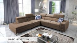 Narożnik rozkładany Hilton IX w tkaninie Magic Velvet-2218 z regulowanymi zagłówkami i pojemnikiem na pościel