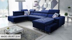 Narożnik U rozkładany Hilton VI w tkaninie Magic Velvet-2218 z regulowanymi zagłówkami i pojemnikiem na pościel