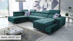 Narożnik U rozkładany Hilton VI w tkaninie Magic Velvet-2218 z regulowanymi zagłówkami i pojemnikiem na pościel