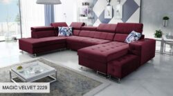 Narożnik U rozkładany Hilton VI w tkaninie Magic Velvet-2218 z regulowanymi zagłówkami i pojemnikiem na pościel