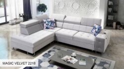 Narożnik rozkładany Hilton VII w tkaninie Magic Velvet-2218 z regulowanymi zagłówkami i pojemnikiem na pościel