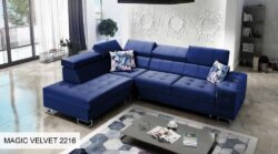 Narożnik rozkładany Hilton VII w tkaninie Magic Velvet-2218 z regulowanymi zagłówkami i pojemnikiem na pościel
