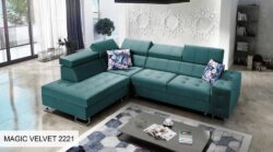 Narożnik rozkładany Hilton VII w tkaninie Magic Velvet-2218 z regulowanymi zagłówkami i pojemnikiem na pościel
