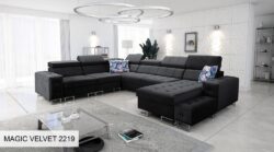 Narożnik U rozkładany Hilton VIII w tkaninie Magic Velvet-2218 z regulowanymi zagłówkami i pojemnikiem na pościel