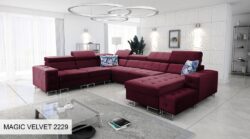 Narożnik U rozkładany Hilton VIII w tkaninie Magic Velvet-2218 z regulowanymi zagłówkami i pojemnikiem na pościel