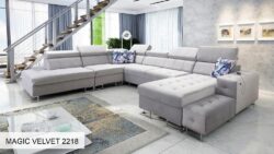 Narożnik U rozkładany Hilton X w tkaninie Magic Velvet-2218 z regulowanymi zagłówkami i pojemnikiem na pościel