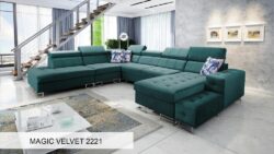 Narożnik U rozkładany Hilton X w tkaninie Magic Velvet-2218 z regulowanymi zagłówkami i pojemnikami na pościel