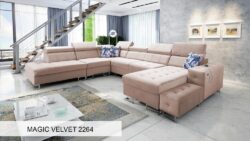 Narożnik U rozkładany Hilton X w tkaninie Magic Velvet-2218 z regulowanymi zagłówkami i pojemnikami na pościel