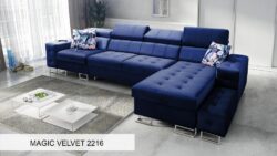 Narożnik rozkładany Hilton XI w tkaninie Magic Velvet-2218 z regulowanymi zagłówkami i pojemnikiem na pościel