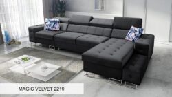 Narożnik rozkładany Hilton XI w tkaninie Magic Velvet-2218 z regulowanymi zagłówkami i pojemnikiem na pościel