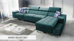 Narożnik rozkładany Hilton XI w tkaninie Magic Velvet-2218 z regulowanymi zagłówkami i pojemnikiem na pościel