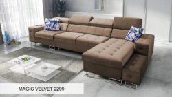 Narożnik rozkładany Hilton XI w tkaninie Magic Velvet-2218 z regulowanymi zagłówkami i pojemnikiem na pościel