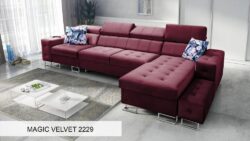 Narożnik rozkładany Hilton XI w tkaninie Magic Velvet-2218 z regulowanymi zagłówkami i pojemnikiem na pościel