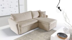 Kremowy narożnik Calabria z funkcją spania i pojemnikiem na pościel w nowoczesnym wnętrzu