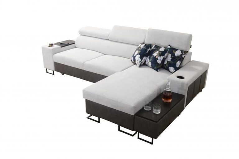 Narożnik rozkładany Melody I Mini w tkaninie Freya i Tauro z regulowanymi zagłówkami i wbudowanym barkiem