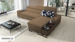 Narożnik rozkładany Melody I Mini w tkaninie Freya-210.18 i Tauro 8207 z regulowanymi zagłówkami i barem