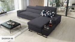 Narożnik rozkładany Melody I Mini w tkaninie Freya-210.18 i Tauro 8207 z regulowanymi zagłówkami i barem