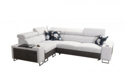 Narożnik rozkładany Melody II w tkaninie Freya-210.18 i Tauro 8207 z regulowanymi zagłówkami i barem
