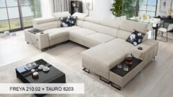 Narożnik U rozkładany Melody IV Mini w tkaninie Freya-210.18 i Tauro 8207 z regulowanymi zagłówkami i barem