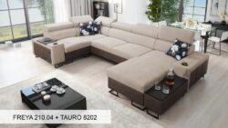 Narożnik U rozkładany Melody IV Mini w tkaninie Freya-210.18 i Tauro 8207 z regulowanymi zagłówkami i barem