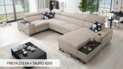 Narożnik U rozkładany Melody IV Mini w tkaninie Freya-210.18 i Tauro 8207 z regulowanymi zagłówkami i barem
