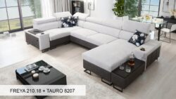 Narożnik U rozkładany Melody IV Mini w tkaninie Freya-210.18 i Tauro 8207 z regulowanymi zagłówkami i barem