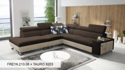 Narożnik rozkładany Melody IX w tkaninie Freya-210.18 i Tauro 8207 z regulowanymi zagłówkami i barem