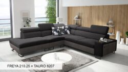 Narożnik rozkładany Melody IX w tkaninie Freya-210.18 i Tauro 8207 z regulowanymi zagłówkami i barem