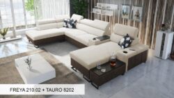 Narożnik U rozkładany Melody V w tkaninie Freya-210.18 i Tauro 8207 z regulowanymi zagłówkami i barem