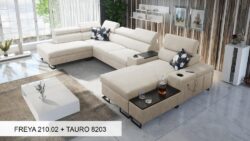 Narożnik U rozkładany Melody V w tkaninie Freya-210.18 i Tauro 8207 z regulowanymi zagłówkami i barem