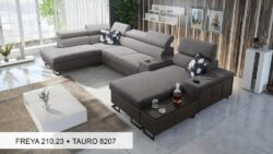 Narożnik U rozkładany Melody V w tkaninie Freya i Tauro z regulowanymi zagłówkami i barem narożnym