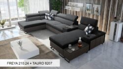 Narożnik U rozkładany Melody V w tkaninie Freya-210.18 i Tauro 8207 z regulowanymi zagłówkami i barem