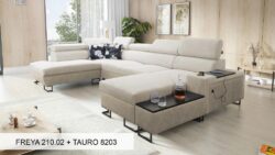 Narożnik U rozkładany Melody VI w tkaninie Freya-210.18 i Tauro 8207 z regulowanymi zagłówkami i barem