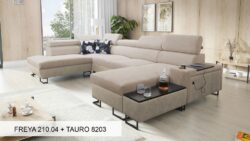 Narożnik U rozkładany Melody VI w tkaninie Freya-210.18 i Tauro 8207 z regulowanymi zagłówkami i barem