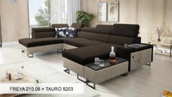 Narożnik U rozkładany Melody VI w tkaninie Freya-210.18 i Tauro 8207 z regulowanymi zagłówkami i barem