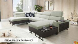 Narożnik U rozkładany Melody VI w tkaninie Freya-210.18 i Tauro 8207 z regulowanymi zagłówkami i barem